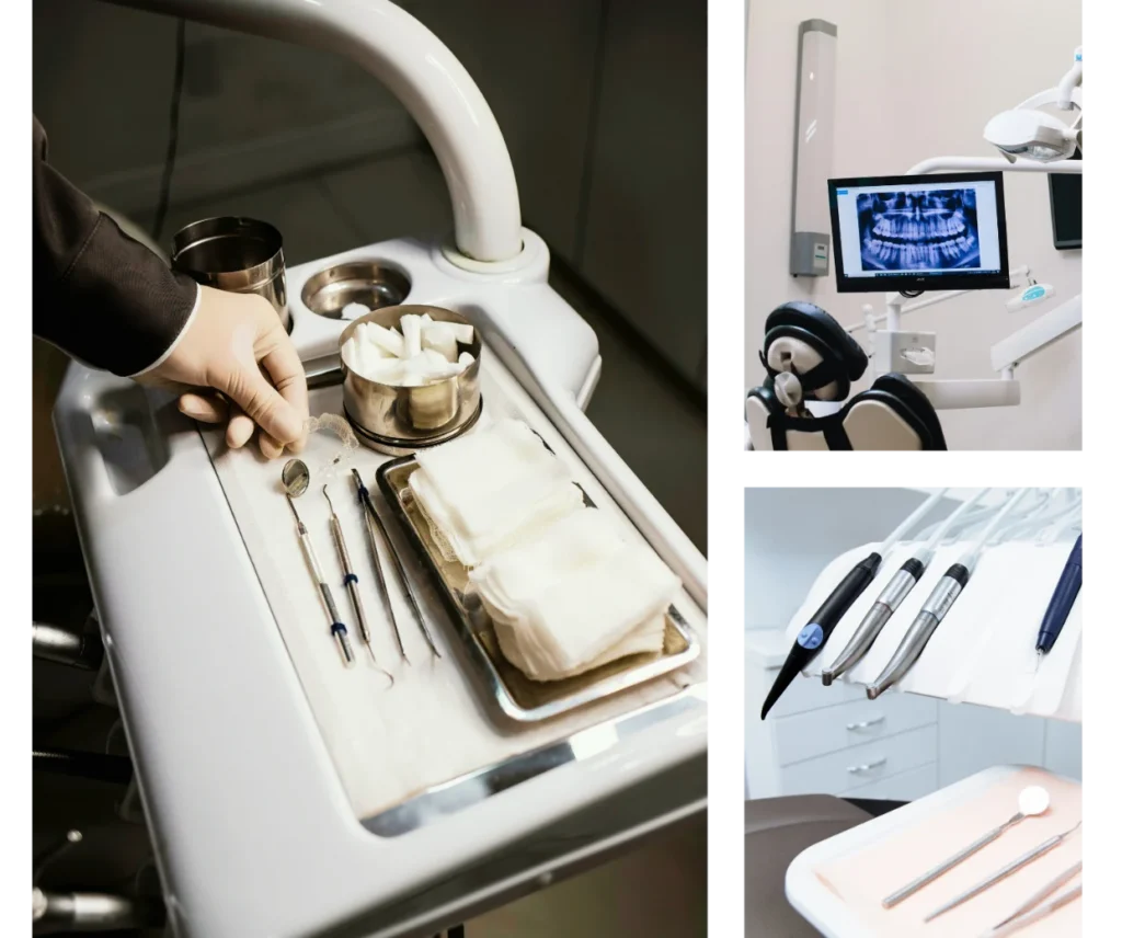Dental treatment room with instrument tray, chair-side X-ray display and sterilised hand instruments